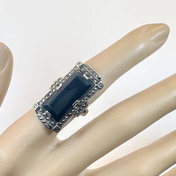 Jewelry - Art Deco Ring, Sterling Silver, Marcasite, Black Stone, Vintage, Antique, Long